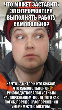 что может заставить электромонтера выполнять работу самовольно? не что_? а кто? и кто сказал, что самовольно? он руководствовался устным распоряжением. после того как погиб, порядок распоряжении умер вместе с мозгом.