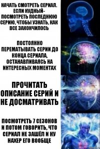 Начать смотреть сериал. Если нудный- посмотреть последнюю серию, чтобы узнать, как все закончилось Постоянно перематывать серии до конца сериала, останавливаясь на интересных моментах Прочитать описание серий и не досматривать Посмотреть 7 сезонов и потом говорить, что сериал не зашёл и ну нахер его вообще