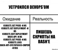 Устроился DevOPs'ом kubectl get pods -n ns
kubectl get deployment -n ns
kubectl edit deployment back-api -n ns
kubectl get pods -n ns
kubectl logs back-api-5fc78f6669-cmpdr -n reg пишешь скрипты на bash'е