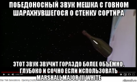 победоносный звук мешка с говном шарахнувшегося о стенку сортира этот звук звучит гораздо более объёмно, глубоко и сочно если использовать marshall major iii white