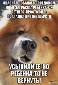 опасная собака! в соседском доме загрызла ребенка 2-х летнего. просто он ее погладил против шерсти усыпили ее, но ребенка-то не вернуть!
