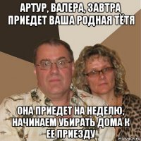 артур, валера, завтра приедет ваша родная тётя она приедет на неделю, начинаем убирать дома к ее приезду