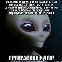 предлагаю отобрать из этих обезьян самых умных и самых тупых -15% +15, а затем случайной выборкой клонировать по 4 копии на особь и поместить в разные социокультуроклиматические условия прекрасная идея!