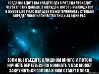 когда вы едите вы кладёте еду в рот. еда проходит через глотку дальше в желудок, который находится в животе. но у нас желудок может принимать столько определённое количество пищи за один раз. если вы съедите слишком много, а потом начнёте вертеться по комнате, у вас может закружиться голова и вам станет плохо.