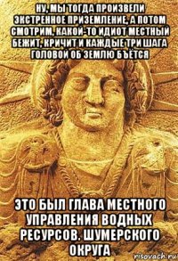 ну, мы тогда произвели экстренное приземление, а потом смотрим, какой-то идиот местный бежит, кричит и каждые три шага головой об землю бъётся это был глава местного управления водных ресурсов. шумерского округа