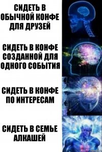 Сидеть в обычной конфе для друзей Сидеть в конфе созданной для одного события Сидеть в конфе по интересам Сидеть в семье алкашей