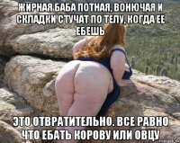 жирная баба потная, вонючая и складки стучат по телу, когда ее ебешь это отвратительно. все равно что ебать корову или овцу