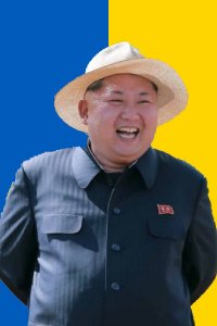 Создать мем Kim Jong Un in background of Ukrainian flag