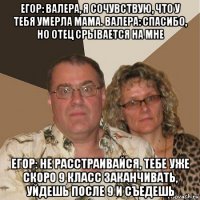 егор: валера, я сочувствую, что у тебя умерла мама. валера: спасибо, но отец срывается на мне егор: не расстраивайся, тебе уже скоро 9 класс заканчивать, уйдешь после 9 и съедешь