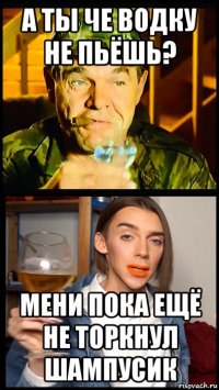 а ты че водку не пьёшь? мени пока ещё не торкнул шампусик