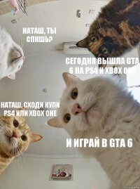 Наташ, ты спишь? Сегодня вышла GTA 6 на PS4 и Xbox One Наташ, сходи купи PS4 или Xbox One И играй в GTA 6
