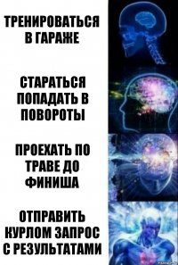 тренироваться в гараже стараться попадать в повороты проехать по траве до финиша отправить курлом запрос с результатами