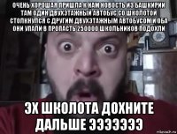 очень хорошая пришла к нам новость из башкирии там один двухэтажный автобус со школотой столкнулся с другим двухэтажным автобусом и оба они упали в пропасть 250000 школьников подохли эх школота дохните дальше эээээээ