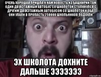 очень хорошая пришла к нам новость из башкирии там один двухэтажный автобус со школотой столкнулся с другим двухэтажным автобусом со школотой и оба они упали в пропасть 250000 школьников подохли эх школота дохните дальше эээээээ