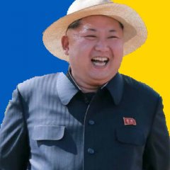 Kim Jong Un in background of Ukrainian flag