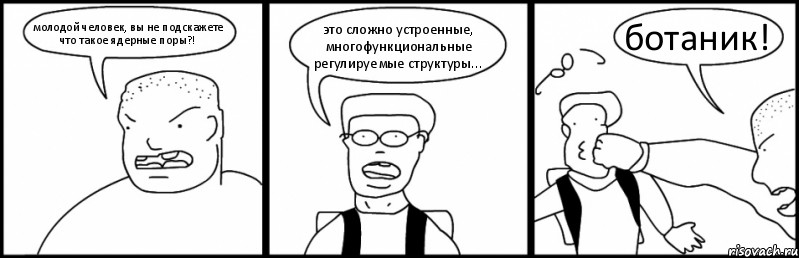 молодой человек, вы не подскажете что такое ядерные поры?! это сложно устроенные, многофункциональные регулируемые структуры... ботаник!, Комикс Быдло и школьник