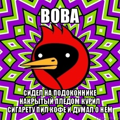 вова сидел на подоконнике накрытый пледом курил сигарету пил кофе и думал о нем, Мем Омская птица