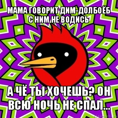 мама говорит дим-долбоёб с ним не водись а чё ты хочешь? он всю ночь не спал..., Мем Омская птица