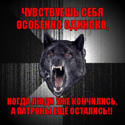 чувствуешь себя особенно одиноко, когда люди уже кончились, а патроны ещё остались!!, Мем Сумасшедший волк