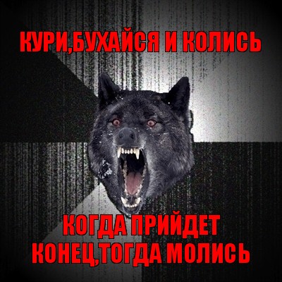 кури,бухайся и колись когда прийдет конец,тогда молись, Мем Сумасшедший волк