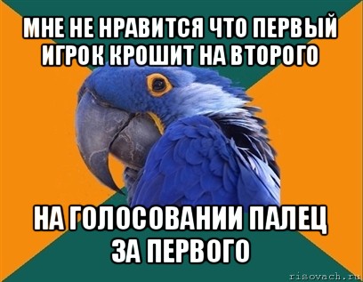 мне не нравится что первый игрок крошит на второго на голосовании палец за первого, Мем Попугай параноик