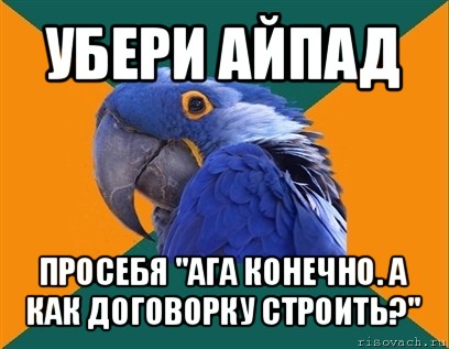 убери айпад просебя "ага конечно. а как договорку строить?", Мем Попугай параноик