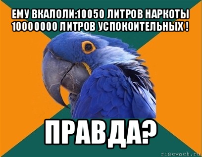 ему вкалоли:10050 литров наркоты
10000000 литров успокоительных ! правда?, Мем Попугай параноик