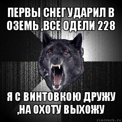 первы снег ударил в оземь ,все одели 228 я с винтовкою дружу ,на охоту выхожу