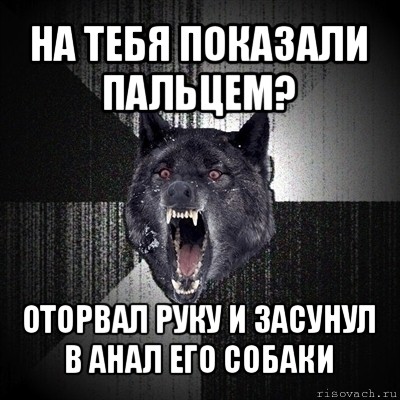 на тебя показали пальцем? оторвал руку и засунул в анал его собаки, Мем Сумасшедший волк