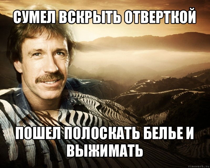 сумел вскрыть отверткой пошел полоскать белье и выжимать, Мем чак норрис