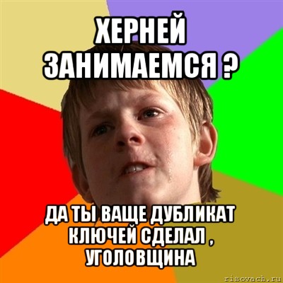 херней занимаемся ? да ты ваще дубликат ключей сделал , уголовщина, Мем Злой школьник