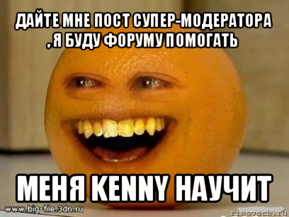 дайте мне пост супер-модератора , я буду форуму помогать меня kenny научит, Мем Надоедливый апельсин