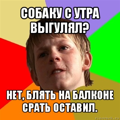 собаку с утра выгулял? нет, блять на балконе срать оставил., Мем Злой школьник