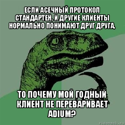 если асечный протокол стандартен, и другие клиенты нормально понимают друг друга, то почему мой годный клиент не переваривает adium?, Мем Филосораптор