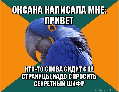 оксана написала мне: привет кто-то снова сидит с её страницы,надо спросить секретный шифр, Мем Попугай параноик