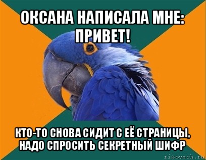 оксана написала мне: привет! кто-то снова сидит с её страницы, надо спросить секретный шифр, Мем Попугай параноик