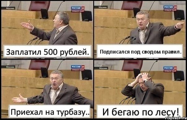 Заплатил 500 рублей. Подписался под сводом правил. Приехал на турбазу.. И бегаю по лесу!, Комикс Жирик в шоке хватается за голову