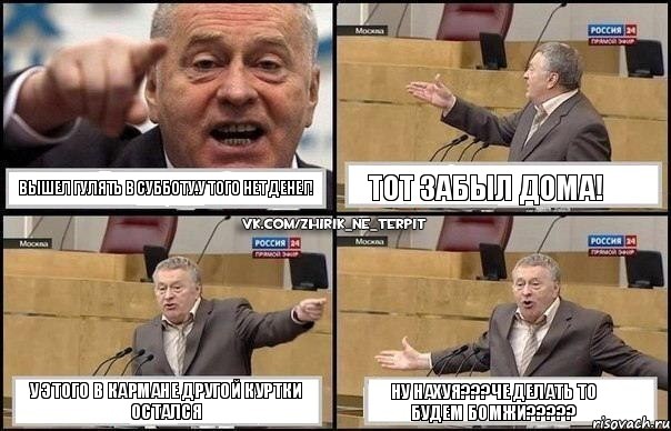 вышел гулять в субботу.у того нет денег! тот забыл дома! у этого в кармане другой куртки остался ну нахуя???че делать то будем бомжи???, Комикс Жириновский