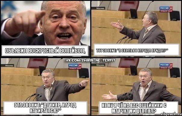 ОБЪЯВИЛ ВОСКРЕСНЫЙ ВОЛЕЙБОЛ, ТОТ ЗВОНИТ: "А СКОЛЬКО НАРОДА ПРИДЕТ?" ЭТА ЗВОНИТ: "ДАНИЯР, НАРОД НАБИРАЕТСЯ?" НЕ НУ Я ЧЁ НА ВАС ОШЕЙНИКИ С МАЯЧКАМИ ЦЕПЛЯЛ?, Комикс Жириновский