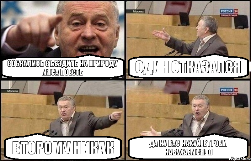 собрались съездить на природу мяса поесть один отказался второму никак да ну вас нахуй, втроем набухаемся! )), Комикс Жириновский