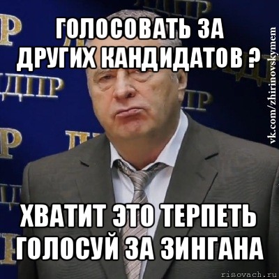 голосовать за других кандидатов ? хватит это терпеть
голосуй за зингана, Мем Хватит это терпеть (Жириновский)