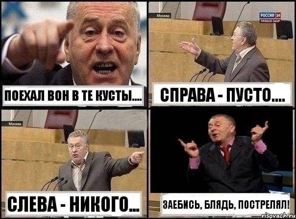 Поехал вон в те кусты.... Справа - пусто.... Слева - никого... Заебись, блядь, пострелял!, Комикс Жириновский клоуничает