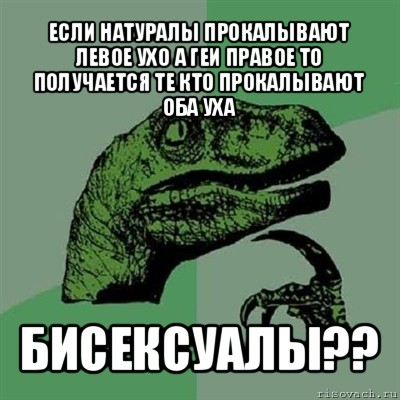 если натуралы прокалывают левое ухо а геи правое то получается те кто прокалывают оба уха бисексуалы??, Мем Филосораптор