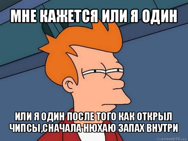 мне кажется или я один или я один после того как открыл чипсы,сначала нюхаю запах внутри, Мем  Фрай (мне кажется или)