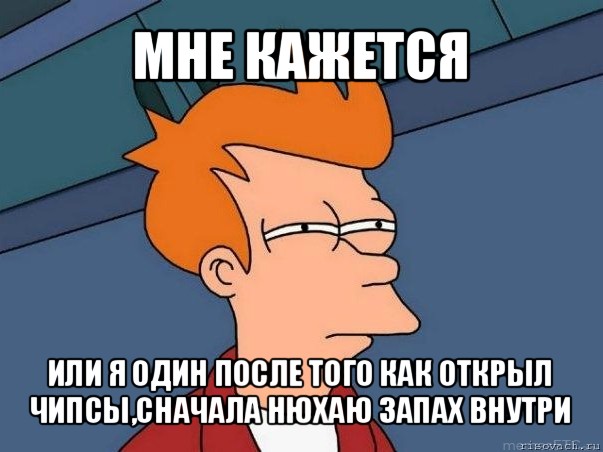 мне кажется или я один после того как открыл чипсы,сначала нюхаю запах внутри, Мем  Фрай (мне кажется или)