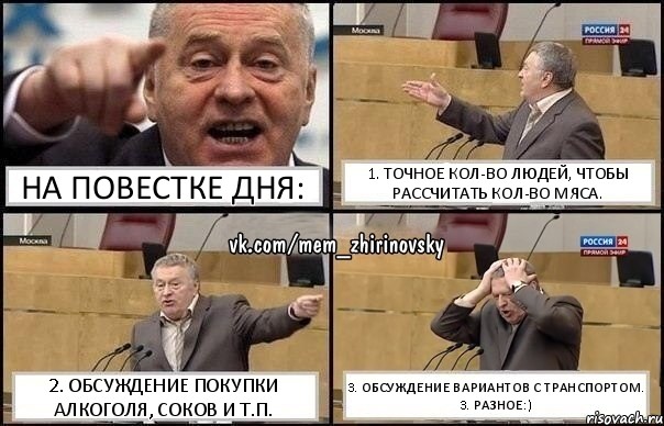 На повестке дня: 1. Точное кол-во людей, чтобы рассчитать кол-во мяса. 2. Обсуждение покупки алкоголя, соков и т.п. 3. Обсуждение вариантов с транспортом.
3. Разное:), Комикс Жирик