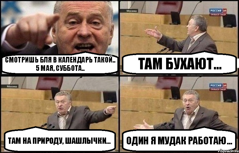 смотришь бля в календарь такой.. 5 мая, суббота.. там бухают... там на природу, шашлычки... Один я мудак работаю..., Комикс Жириновский