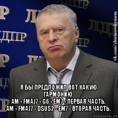  я бы предложил вот какую гармонию.
am - fmaj7 - g6 - em7 - первая часть.
am - fmaj7 - dsus2 - em7 - вторая часть., Мем Хватит это терпеть (Жириновский)