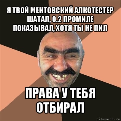 я твой ментовский алкотестер шатал, 0.2 промиле показывал, хотя ты не пил права у тебя отбирал, Мем Я твой дом труба шатал