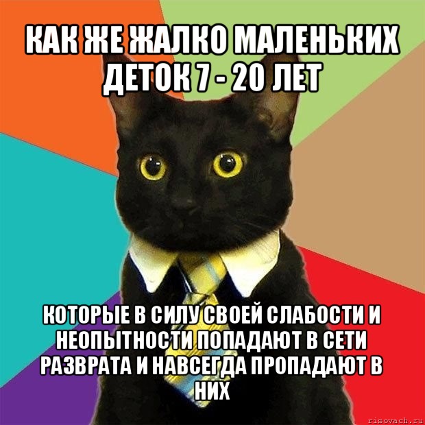 как же жалко маленьких деток 7 - 20 лет которые в силу своей слабости и неопытности попадают в сети разврата и навсегда пропадают в них, Мем  Кошечка